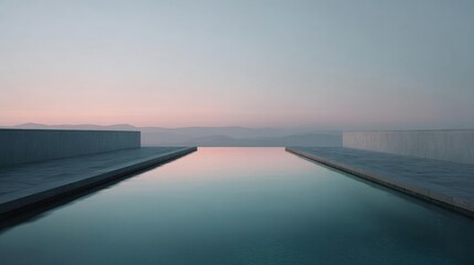 Fototapeta premium Long, rectangular swimming pool with a minimalist design. the pool is surrounded by concrete walls on both sides, creating a sense of depth and perspective.