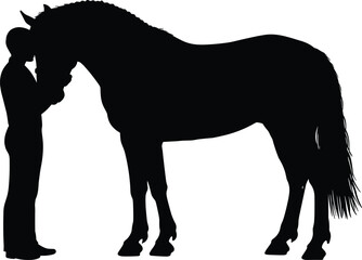 Obraz premium Silhouette of man bonding with horse, love, connection, animal care, trust, equestrian, peaceful, calm, friendship, rural life, farm relationship, serenity