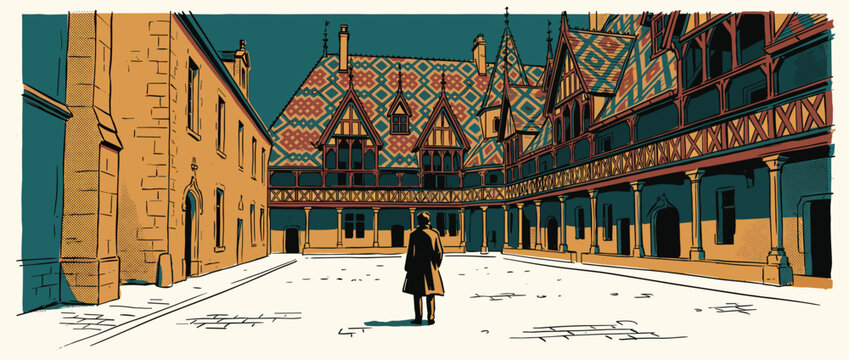 Historic building with a colorful geometric tiled roof and timber-framed gallery surrounds a large, empty courtyard where a lone person stands in contemplation