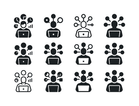 Multitasking Icon Set. Multitasking professionals working on laptops. Icon set. Set Logo of multitasking professionals working on laptops: multitask dashboard