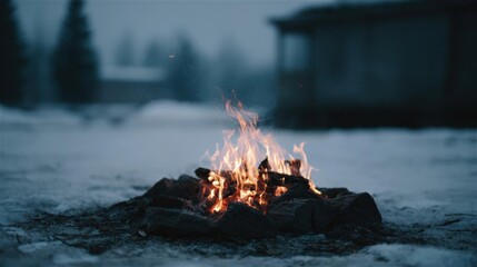 Campfire burning in the middle of a snowy field. the fire is burning brightly with orange and yellow flames. the flames are dancing and flickering, creating a warm glow.