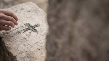 Hand drawing an X mark with charcoal on a stone surface outdoors, close up detail of human hand making a symbol for choice, direction, or location marker