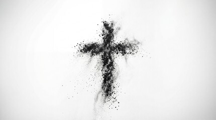 Black ash cross scattering on white background, religious symbol for Lent and Ash Wednesday with minimal design, isolated composition and copy space