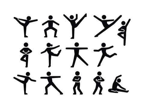 Dance Poses Icons. Dance poses. Solid icon set of dance poses: arabesque, plie, developpe, grand jete, pirouette, attitude, tendu, saut de chat, balance,