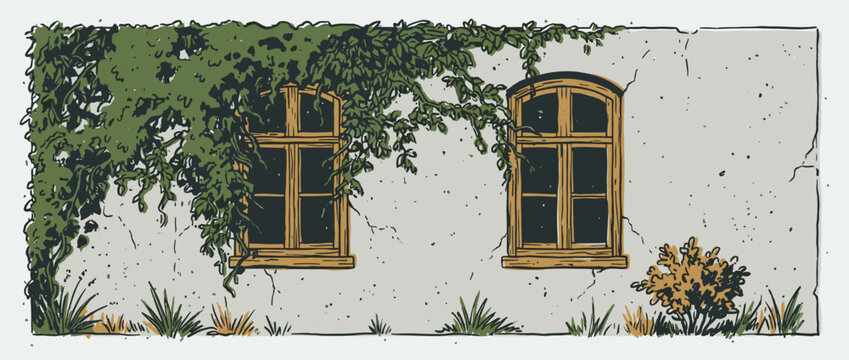 Illustrated old house facade with two wooden windows, overgrown with green climbing ivy in a rustic, hand-drawn linocut style with cracked plaster details