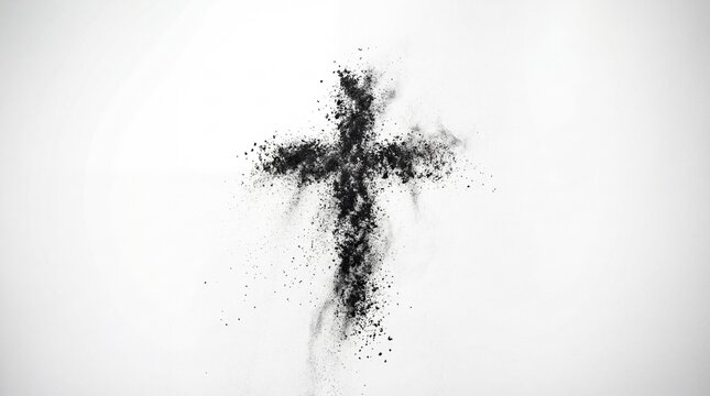 Black ash cross scattering on white background, religious symbol for Lent and Ash Wednesday with minimal design, isolated composition and copy space