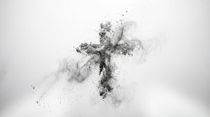 Ash cross made of charcoal powder bursting in air on white background, Christian faith and Lent concept with dramatic dust cloud and minimalist copy space