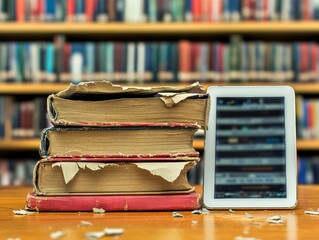 Selective focus. A torn schoolbook placed next to a brand-new tablet showing education gap