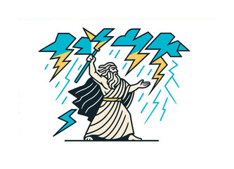 Thunder Deity Illustration. Thunder caller. With a raised staff, the deity unleashes crackling storm arcs; clouds split into sharp geometric shapes. Modern
