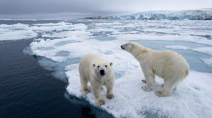 Two polar bears standing on sea ice beside open water in the Arctic, wildlife behavior in a frozen landscape with climate change and melting ice concept