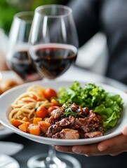 Selective focus. A waiter serving food and taking orders at a busy restaurant table