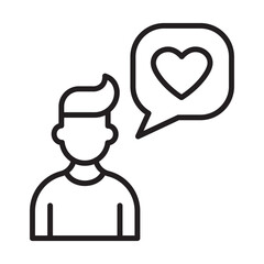 Obraz premium Linear vector icon of a man avatar with heart in speech bubble. Romantic communication, love message or dating app profile symbol. Black outline isolated on white
