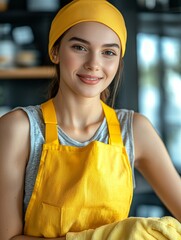 Selective focus. A woman checking the clock while efficiently completing cleaning tasks
