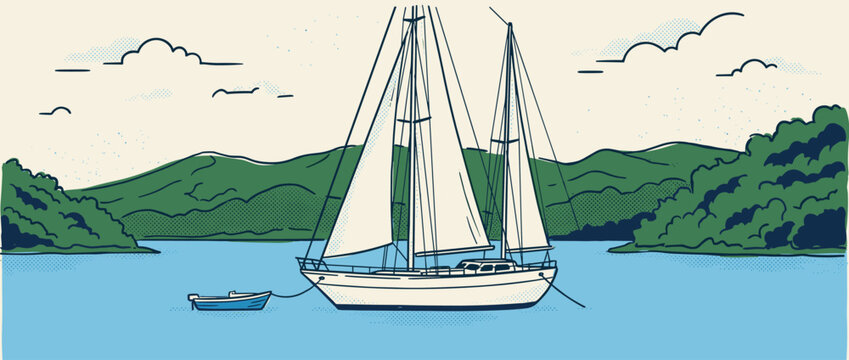 Hand-drawn two-masted sailboat illustration anchored peacefully in a calm blue bay surrounded by green hills, depicted in a retro comic book style with halftone dot shading