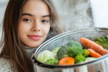 Selective focus. A young woman in a white kitchen steaming fresh vegetables