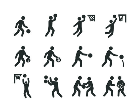 Basketball Icon Set. Basketball moves. Solid icon set of Basketball moves: dribble, jump shot, layup, dunk, crossover, spin move, chest pass, bounce pass,
