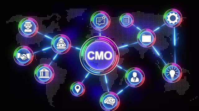 Global Business Network with CMO Icon and Digital Icons on World Map Background chief marketing officer