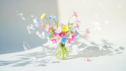 Vibrant flower bouquet in glass vase on white table with soap bubbles