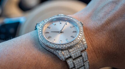 Close-up of a diamond watch on a wrist in soft light, luxury timepiece accessory with sparkling gemstone details for fashion, elegance and punctuality