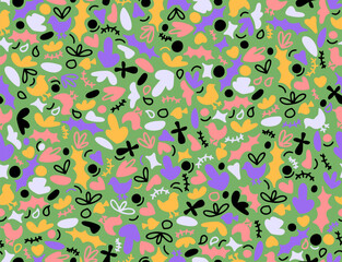 Seamless abstract pattern with different shapes of birds, hearts, smiles, circles drawn in doodle style.