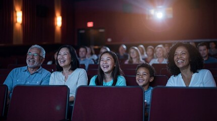 Diverse family and friends laughing while watching a movie in a cinema auditorium, evening entertainment and shared joy with multigenerational audience seating