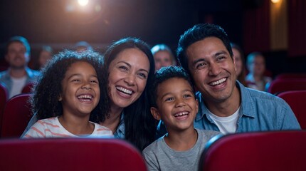 Happy family laughing while watching a movie in a cinema theater, parents and two children enjoying entertainment together during a night out