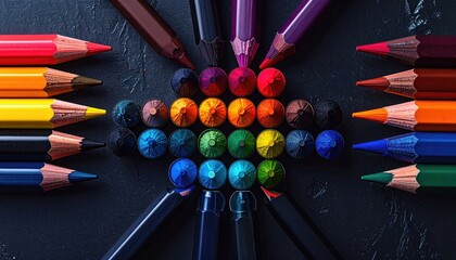 Colorful pencils arranged artistically around paint circles
