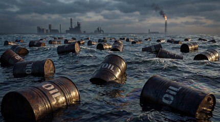 Rusted oil barrels floating on rough ocean water near an industrial refinery at dusk, marine pollution and environmental crisis concept for energy industry impact