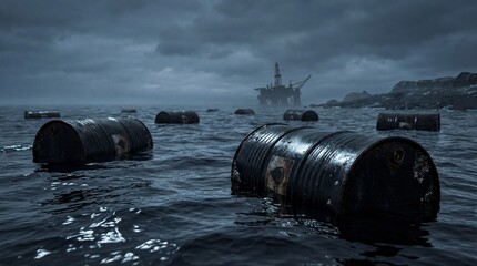 Rusted oil barrels floating in rough ocean near offshore drilling rig under stormy sky, industrial pollution and environmental contamination concept in seascape
