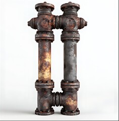 Fototapeta premium old rusty pipes total white background, long vertical mechanic column