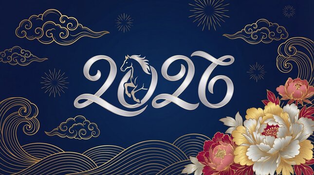 2026 Year of the Horse Blue Background with Golden Waves and Peony Flowers, Luxury 2026 Chinese New Year Vector Illustration with Silver Typography and Floral Art