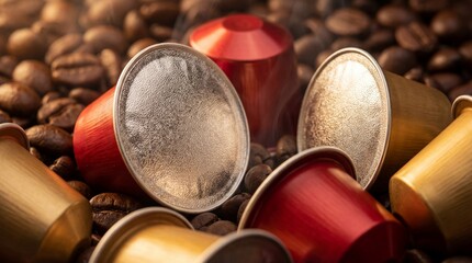 Assorted coffee capsules lying on roasted coffee beans in warm light, close up still life for espresso brewing concept and caffeine beverage background texture