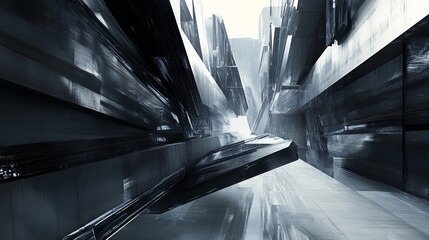 Abstract cityscape with angular structures, evoking a futuristic, digital environment. Perspective, shadows, and light interplay
