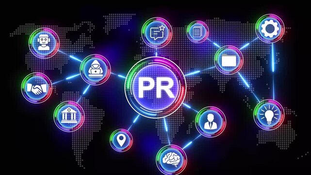 Global PR Network with Icons and World Map Background public relations marketing