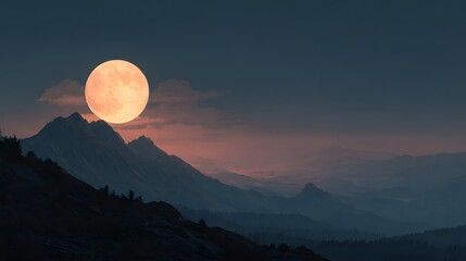 Scenic mountainous landscape at dusk with a large, glowing full moon