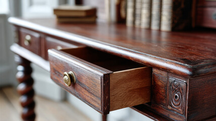 Antique wooden desk with open drawer and books.