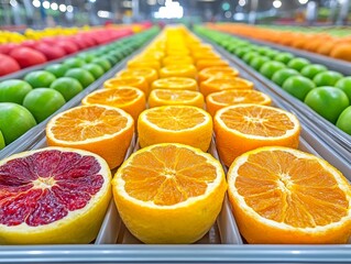 Selective focus. Vacuum packaging line for dried fruits in food production facility