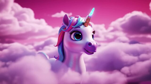 A cute cartoon unicorn with a spiraled horn floats amidst fluffy pink clouds in a dreamy sky. The unicorn has blue and rainbow hair