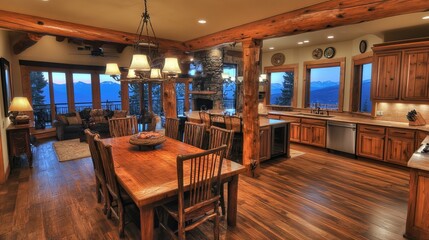 Luxurious wooden cabin interior with dining area, kitchen, and scenic views