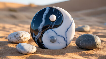 Yin and yang stone symbol resting on desert sand with surrounding pebbles