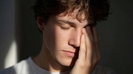 Close-up portrait of a young man with curly hair. he is wearing a white t-shirt and is looking off to the side with a thoughtful expression on his face.