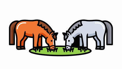 Fototapeta premium Two cartoon horses, one brown and one grey, grazing together on a patch of green grass