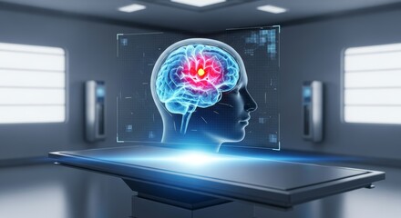 Futuristic brain scan with glowing red and blue lights in modern medical room