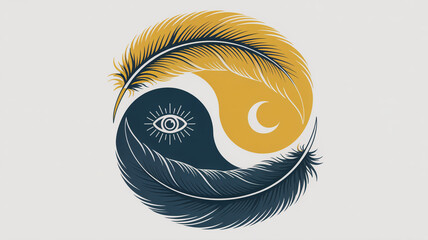 A yin and yang symbol formed by feathers with an eye and moon