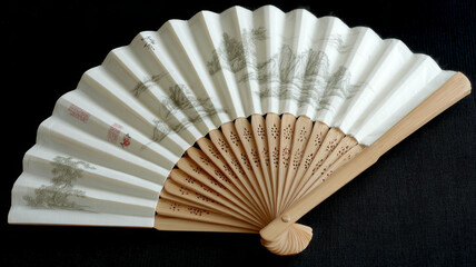 A traditional folding hand fan on a dark background.