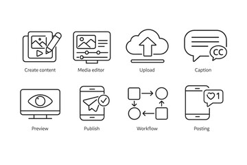 Set of eight black line media and content creation icons