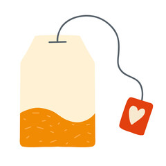 Tea bag with heart tag on string. For cafe menus, tea packaging, greeting cards, stickers, labels, web banners.