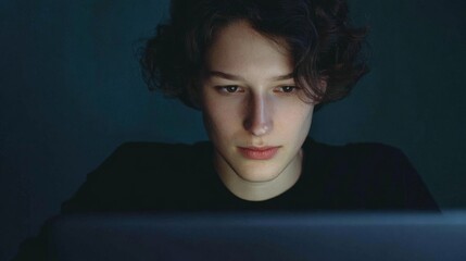 Portrait of a young man with curly hair. he is looking directly at the camera with a serious expression on his face. the background is dark and the lighting is dim, creating a moody atmosphere.