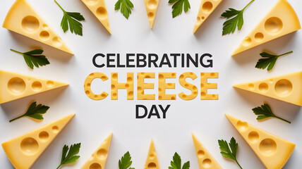 Celebrating cheese day with slices and fresh parsley on a white background