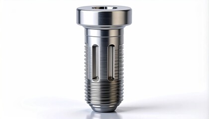 Shiny metallic cylindrical component with ridges, slots
